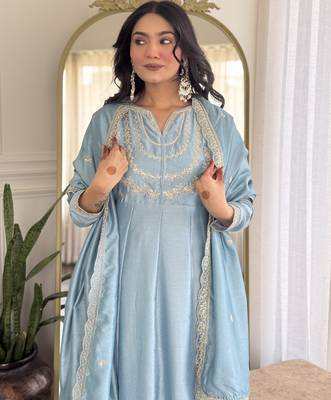 light cream embroidery vichitra silk anarkali kurta pant set with dupatta 4