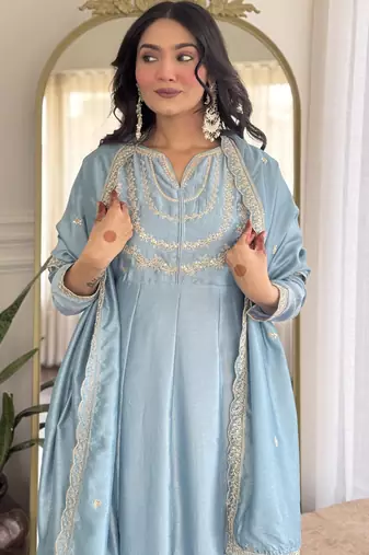 light cream embroidery vichitra silk anarkali kurta pant set with dupatta