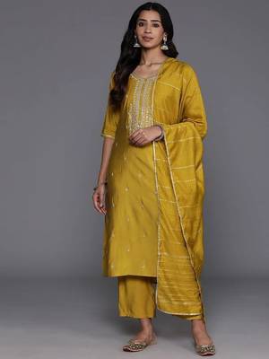 yellow embroidery viscose straight kurta set with dupatta 1