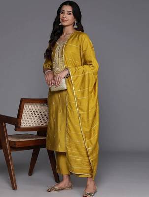 yellow embroidery viscose straight kurta set with dupatta 2