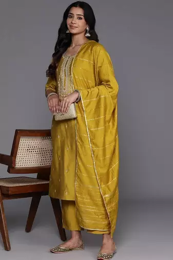 yellow embroidery viscose straight kurta set with dupatta