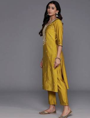 yellow embroidery viscose straight kurta set with dupatta 3
