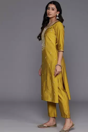yellow embroidery viscose straight kurta set with dupatta