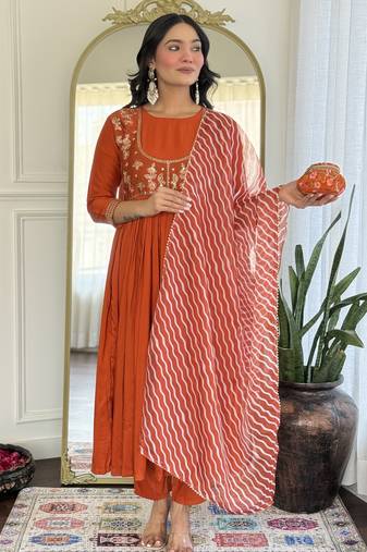 Orange embroidery viscose silk anarkali kurta set with chanderi dupatta