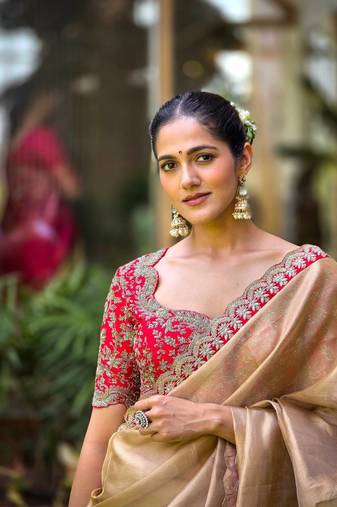 Chiku sequin Embroidered Gold Tissue silk blend Saree