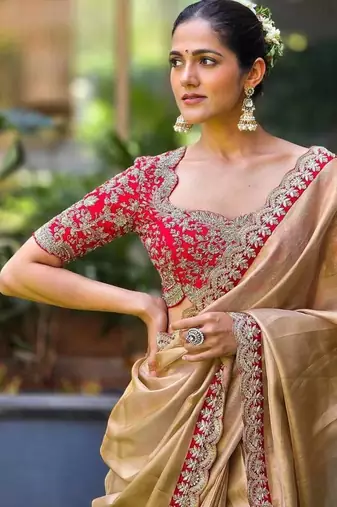 Chiku sequin Embroidered Gold Tissue silk blend Saree