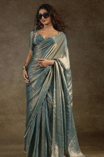 Blue Jarkhan Diamond Work silk blend Saree