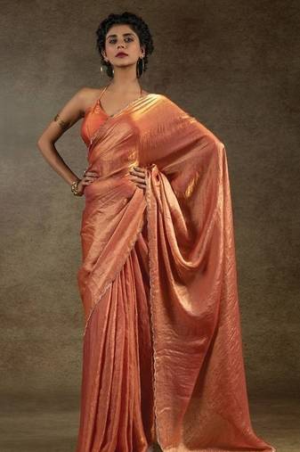 Orange Jarkhan Diamond Work silk blend Saree