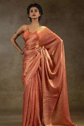 Orange Jarkhan Diamond Work silk blend Saree