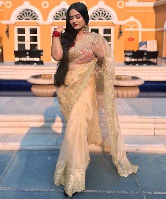 Cream sequin Zari Embroidered Nylon Organza Saree 1