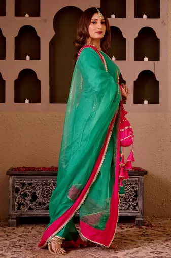 Suruchi emerald green silk hand embroidered suit set