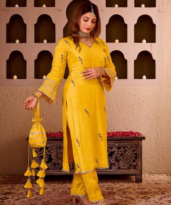 Panchi yellow silk hand embroidered suit set 1