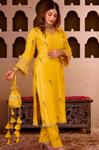 Panchi yellow silk hand embroidered suit set