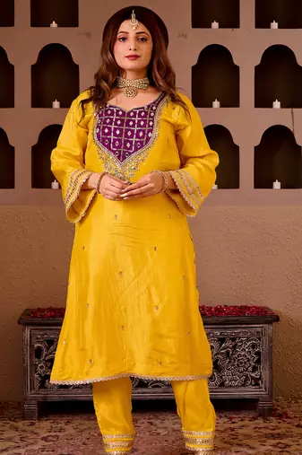 Sheeshphool yellow silk hand embroidered suit set