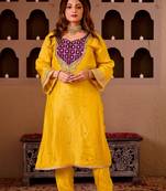Sheeshphool yellow silk hand embroidered suit set
