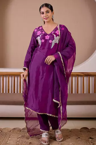 Flying flamingo purple silk hand embroidered suit set