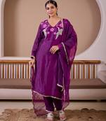 Flying flamingo purple silk hand embroidered suit set