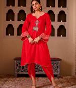 Pichwai art red silk hand embroidered suit set