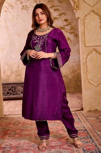 Krishika purple silk vrindavan themed hand embroidered suit set