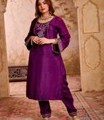 Krishika purple silk vrindavan themed hand embroidered suit set