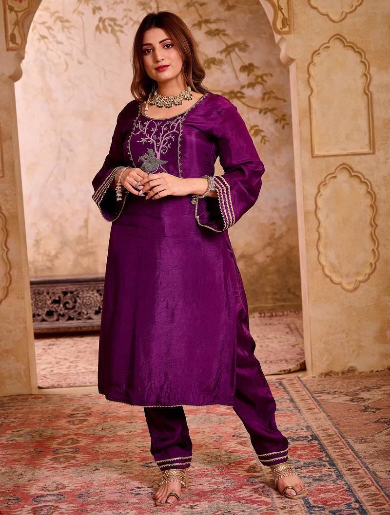 Krishika purple silk vrindavan themed hand embroidered suit set