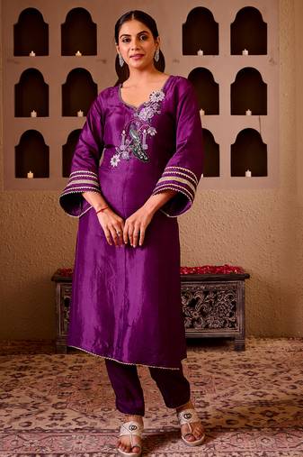 Mayuri purple silk hand embroidered suit set