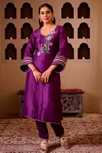 Mayuri purple silk hand embroidered suit set