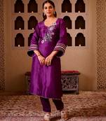 Mayuri purple silk hand embroidered suit set
