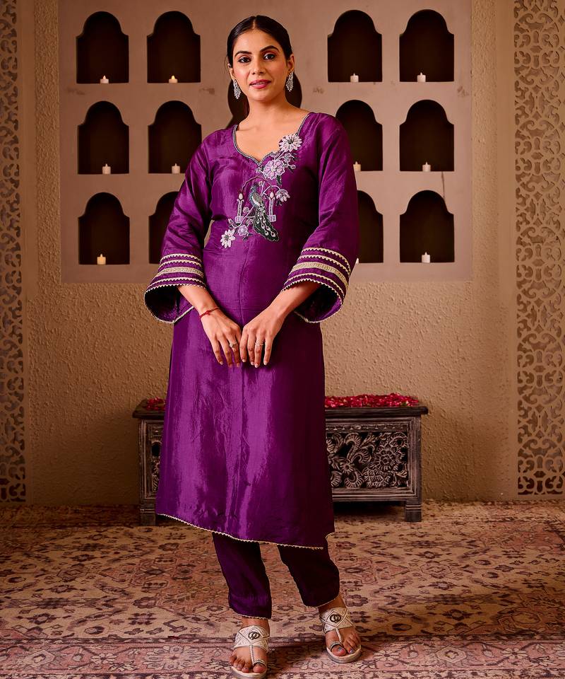 Mayuri purple silk hand embroidered suit set