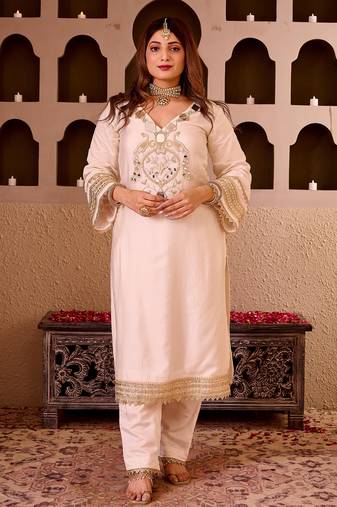 Sheeshmahal ivory chanderi silk hand embroidered suit set