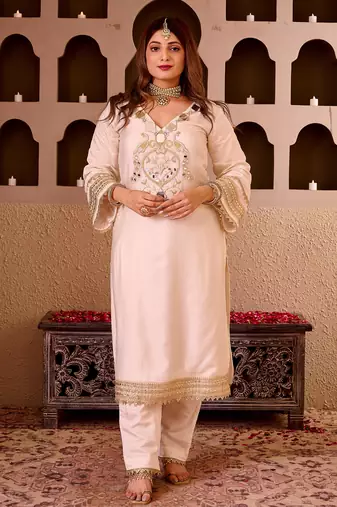 Sheeshmahal ivory chanderi silk hand embroidered suit set