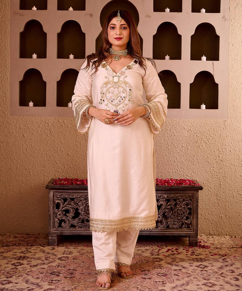 Sheeshmahal ivory chanderi silk hand embroidered suit set