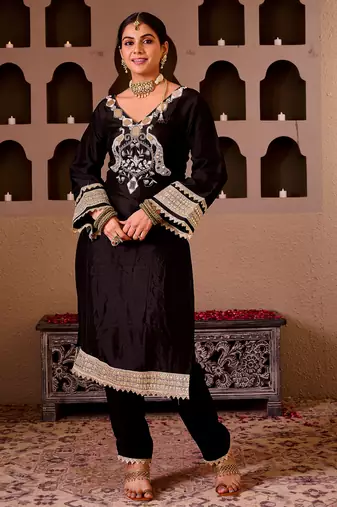 Sheeshmahal black  silk hand embroidered suit set