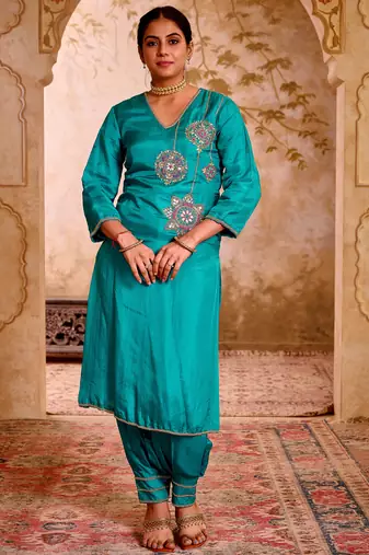 Sehej teal blue hand embroidered suit set