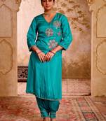 Sehej teal blue hand embroidered suit set