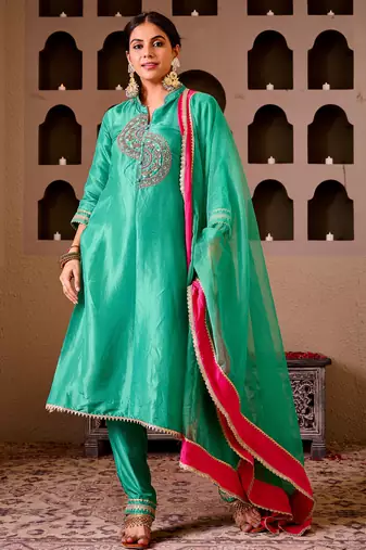 Krishika emerald green silk hand embroidered suit set
