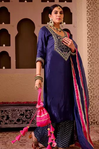 Ashnoor navy blue silk hand embroidered suit set