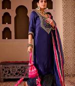 Ashnoor navy blue silk hand embroidered suit set