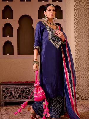Ashnoor navy blue silk hand embroidered suit set 2