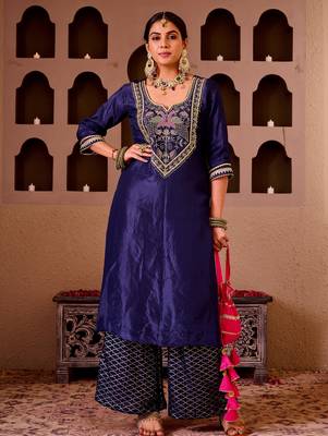Ashnoor navy blue silk hand embroidered suit set 3