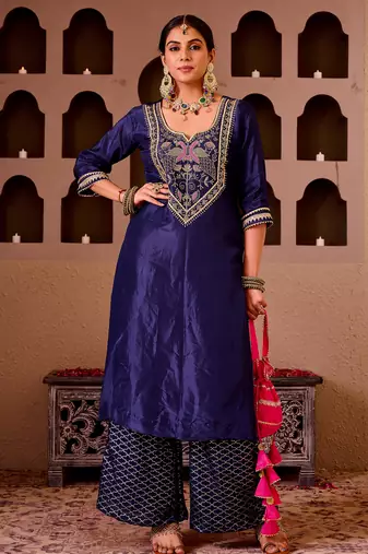 Ashnoor navy blue silk hand embroidered suit set