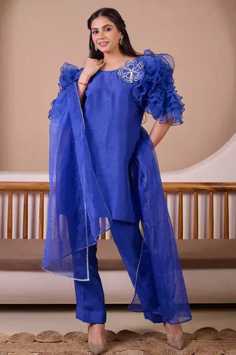 Royal blue raw silk suit with hand emroidery & rose ruffled sleeves
