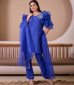 Royal blue raw silk suit with hand emroidery & rose ruffled sleeves