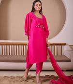 Fuchsia pink raw silk suit with hand embroidery