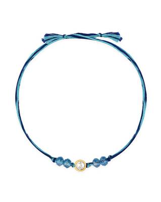 Blue thread rakhi with gold-framed stone and crystal beads 2