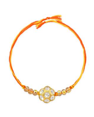Yellow thread rakhi with floral stone motif and crystal beads 2