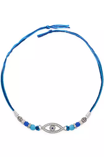 Blue thread evil eye rakhi with sparkling stones and beads