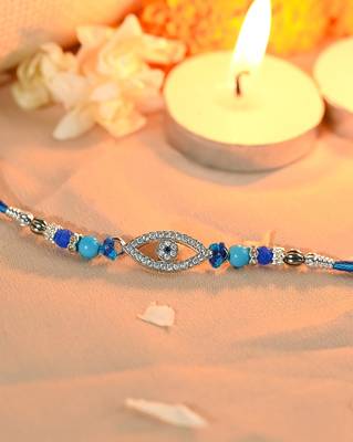 Blue thread evil eye rakhi with sparkling stones and beads 3