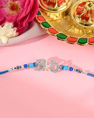 Blue thread bro letter rakhi with sparkling stones and beads 1