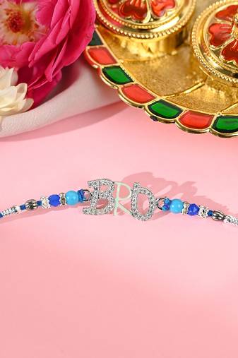 Blue thread bro letter rakhi with sparkling stones and beads